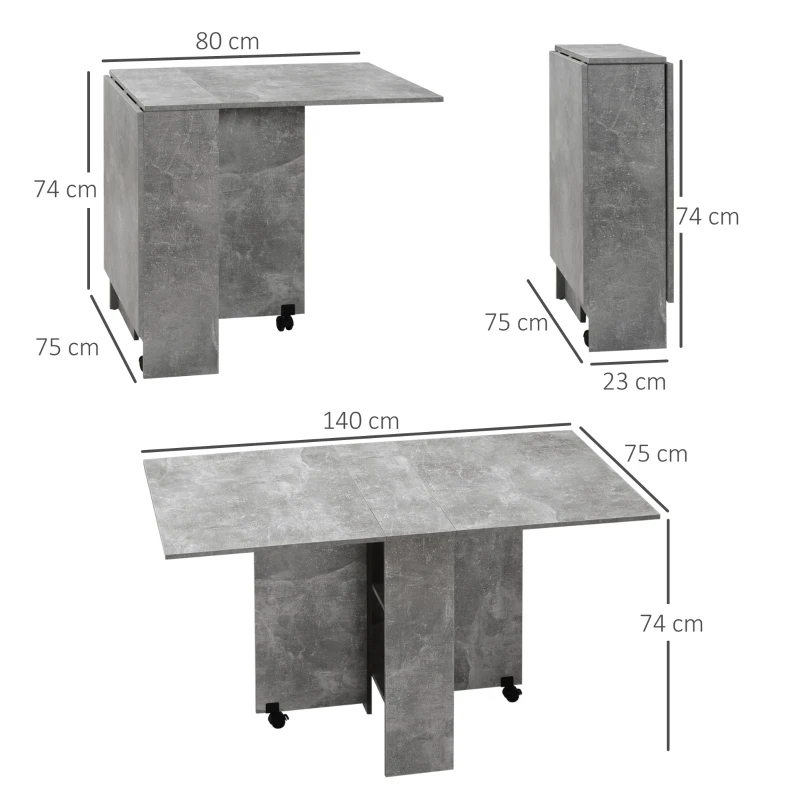 HOMCOM Mesa de Cocina Plegable con Ruedas 2 Estantes de Almacenaje y 2 Alas Abatibles Estilo Moderno 75x140x74 cm Gris Cemento