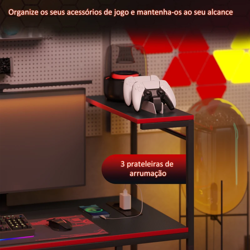 HOMCOM Secretária Gaming com Luzes LED 100x50 cm Secretária Gaming de Fibra de Carbono com Tomadas de Corrente e Controlo Remoto Preto