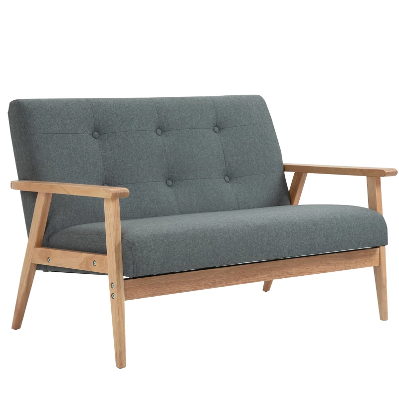 HOMCOM Sofa 2 Sitzer, 115 cm Couch mit Armlehnen, Rückenlehne, Kleine Polstersofa mit Leinenoptik, Holzbeine, Gepolstert Loungesofa für Wohnzimmer, Schlafzimmer, Dunkelgrau