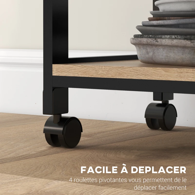 HOMCOM Chariot de service desserte de cuisine à roulettes 2 plateaux amovibles, tiroir, étagère chêne clair bois pin noir