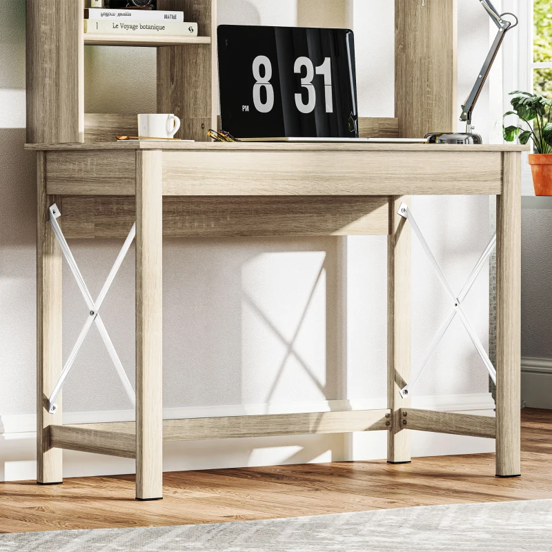 HOMCOM Schreibtisch mit Aufbewahrung, Bücherregal aus Holz mit Regalen und großer Platte für kleine Räume, Eichenoptik