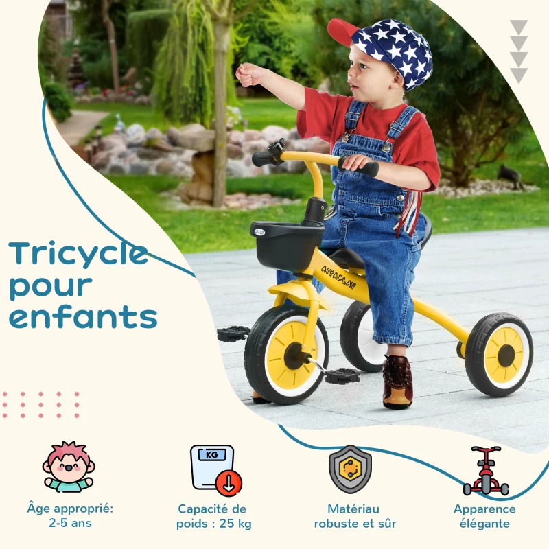 AIYAPLAY Tricycle enfants avec sonnette et panier selle réglable avec dossier - pour enfant de 2 à 5 ans jaune