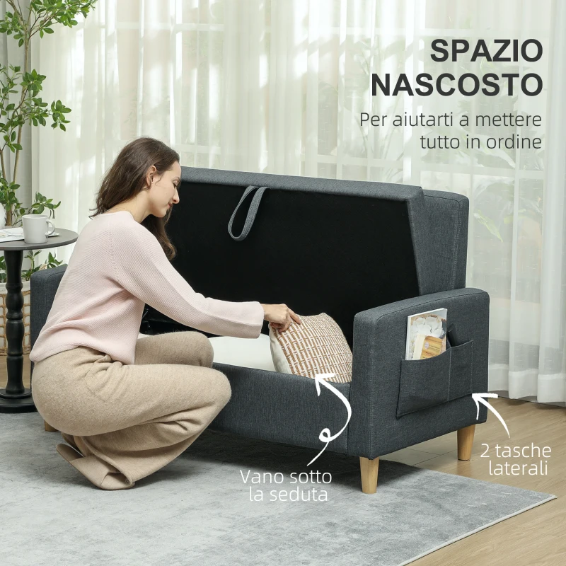 HOMCOM Divano 2 Posti con Spazio Portaoggetti e Cuscini, in Tessuto Effetto Lino e Legno, 135x72x84 cm, Grigio Carbone