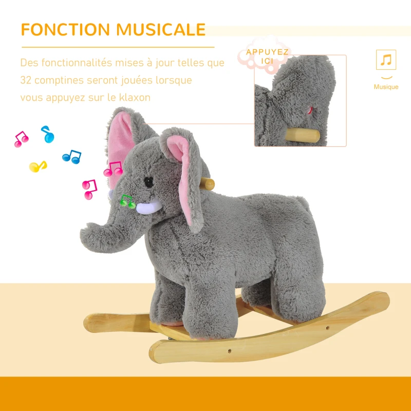 HOMCOM Éléphant à bascule pour enfants cheval à bascule jouet à bascule bébé 18+ mois - musique et poignées charge 60 kg Gris