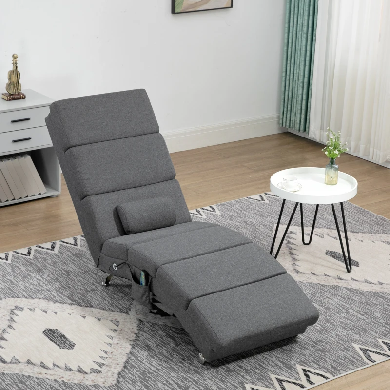 HOMCOM Fauteuil relax salon fauteuil de massage et chauffage meridienne avec télécommande et oreiller, tissu effet lin, gris