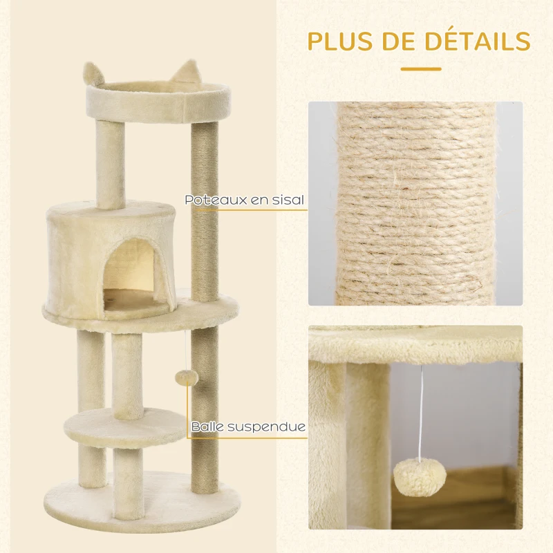 PawHut Arbre à chats multi-équipements griffoirs grattoirs plateformes niche jeu boule suspendue Ø 48 x 104H cm crème