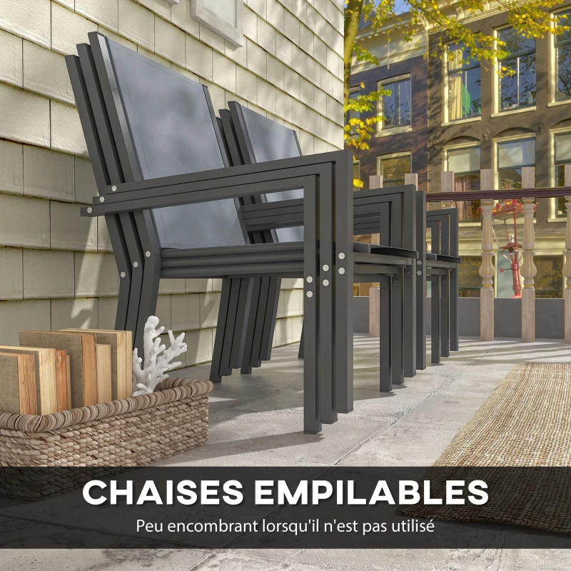 Outsunny Ensemble de salle à manger de jardin pour 6 personnes salon de jardin extérieur cadres en acier chaises empilables gris