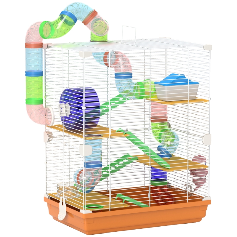 PawHut Cage pour hamster rongeur 4 étages avec tunnels mangeoire roue maison échelles dim. 46L x 30l x 58H cm orange(m-10)