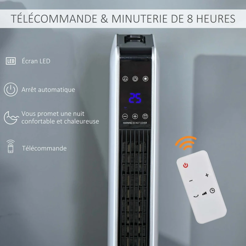 HOMCOM Chauffage électrique soufflant oscillant 1100/2200 W, céramique PTC, télécommande incluse, minuterie 8h, 21 x 21 x 73 cm