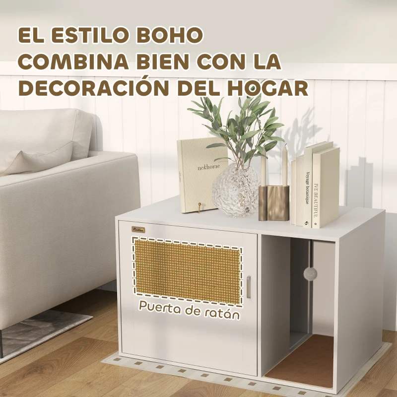 PawHut Mueble Arenero para Gatos Arenero para Gatos con Almohadilla para Rascar y Puerta de Ratán 80x50x50 cm Blanco