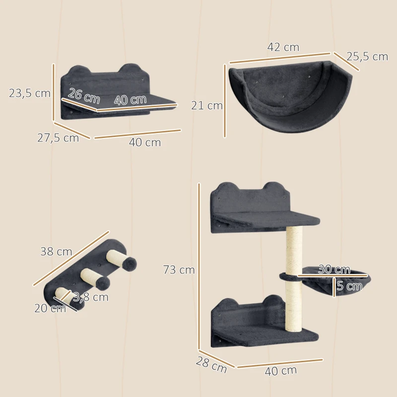 PawHut Prateleiras de Parede para Gatos 4 Peças com Rede Plataforma Semicircular Plataformas de Salto e Poste de Sisal Cinza