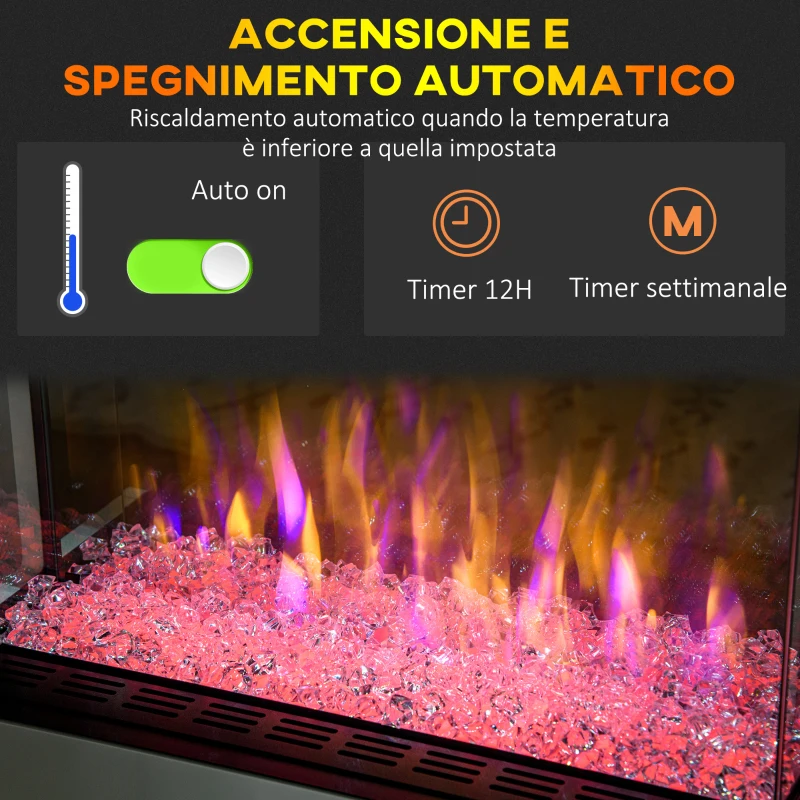 HOMCOM Caminetto Elettrico a 10 Colori con Spegnimento Automatico e Timer da 12h, 61x28x66.5 cm, Bianco