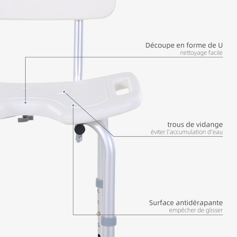 HOMCOM tabouret de douche chaise de douche ergonomique hauteur réglable pieds antidérapants charge max. 136 Kg alu HDPE