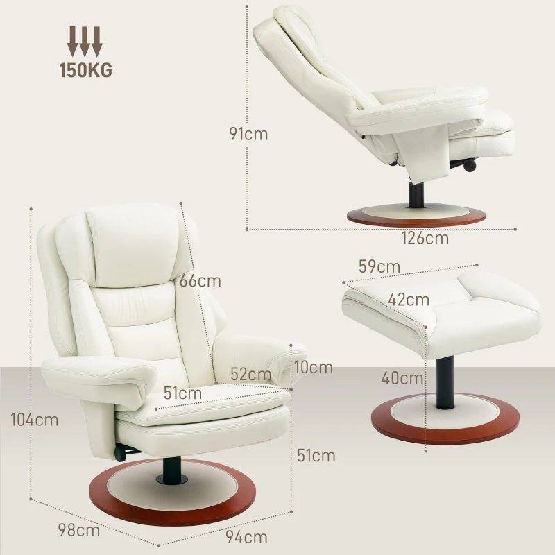HOMCOM Relaxsessel mit Hocker, Liegefunktion, Drehbarer TV-Sessel mit Holzsockel, bis 150 kg belastbar, Kunstleder, Cremeweiß(m-3)