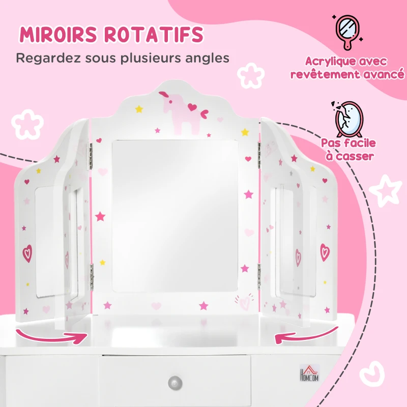 HOMCOM Coiffeuse Enfant avec Tabouret, Miroir triptyque et tiroir Coulissant - Coiffeuse dim. 63L x 40l x 85,5H cm