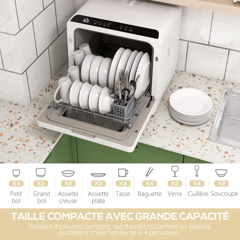 HOMCOM Mini lave-vaisselle 4 couverts 5 programmes réservoir d'eau 6L commande tactile affichage LED 45 x 44 x 45,8 cm blanc(m-4)