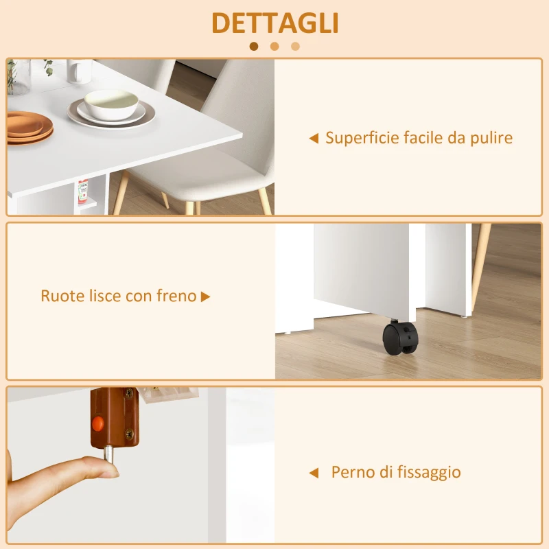 HOMCOM Tavolo Pieghevole Salvaspazio a 2 Ribalte per 6 Persone con Ripiani e Ruote, Bianco