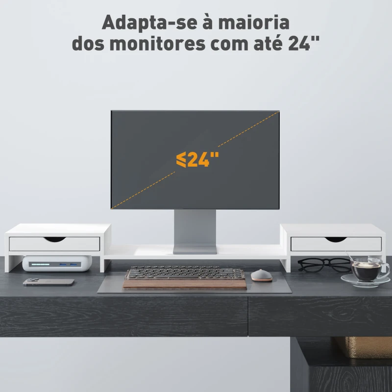 HOMCOM Suporte para Monitor com Ângulo e Comprimento Ajustável e 2 Gavetas para Escritório 60-116x22x12 cm Branco