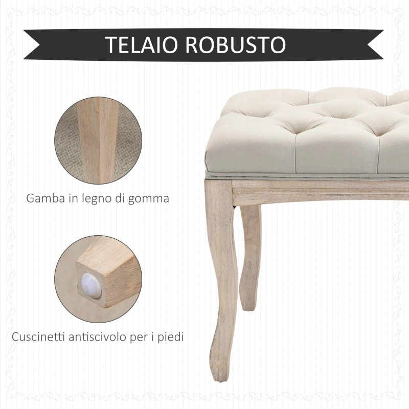 HOMCOM Panca Fondoletto Vintage con Seduta Imbottita in Tessuto e Gambe in Legno, 110x40x48cm, Beige