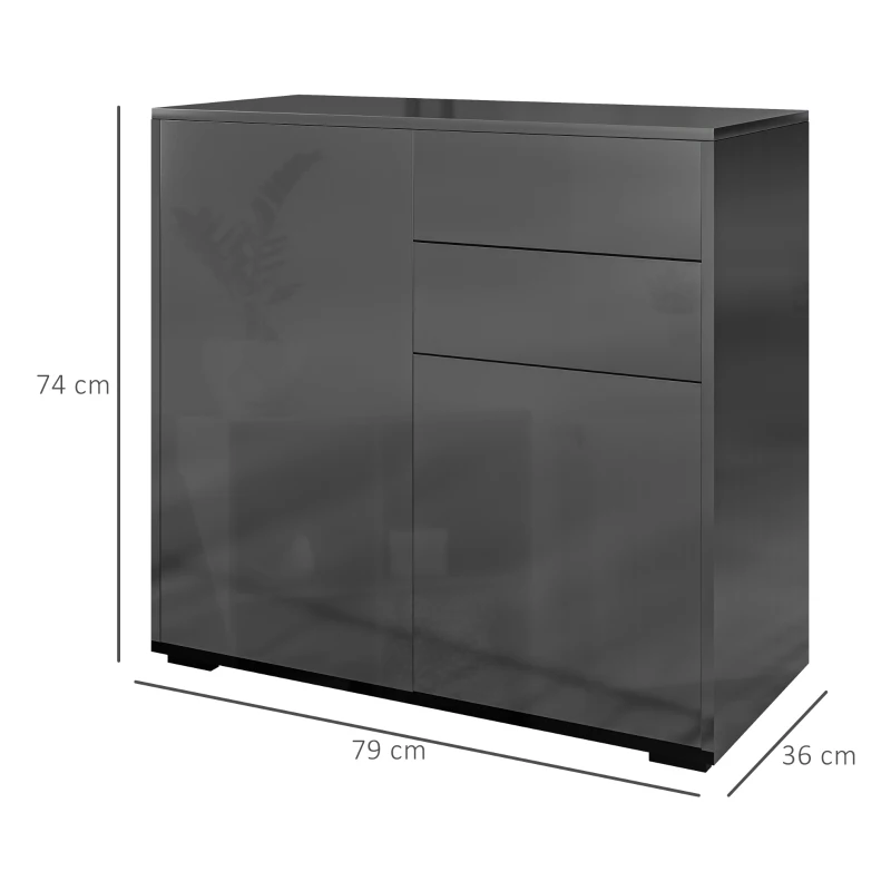 HOMCOM Credenza Moderna con 2 Armadietti e 2 Cassetti con Apertura a Pressione, 79x36x74cm, Nero Lucido