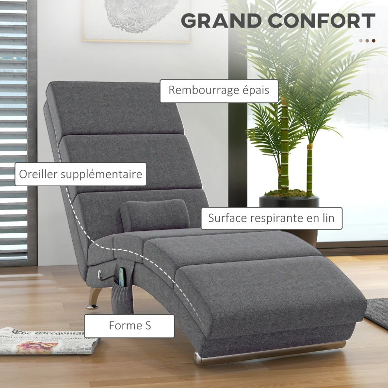 HOMCOM Fauteuil relax salon fauteuil de massage et chauffage meridienne avec télécommande et oreiller, tissu effet lin, gris