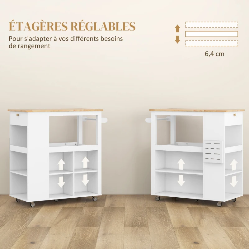 HOMCOM Desserte îlot de cuisine desserte à roulettes plateau en bois d'hévéa  4 étagères réglables porte-couteaux blanc
