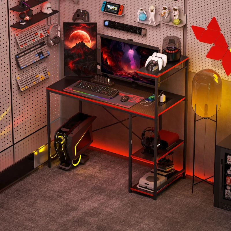 HOMCOM Escritorio Gaming de Fibra de Carbono con Luces LED 110x50 cm Tomas de Corriente Estantes y Control Remoto Negro