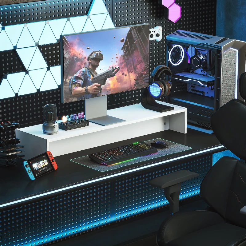 HOMCOM Rehausseur écran PC bureau support d'écran d'ordinateur de 100 cm support moniteur avec deux compartiments, blanc