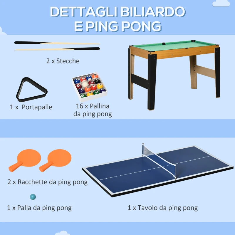 HOMCOM Tavolo Multigioco 4 in 1 con Calcio Balilla, Biliardo, Ping Pong e Hockey da Tavolo, 107x61x84.5cm