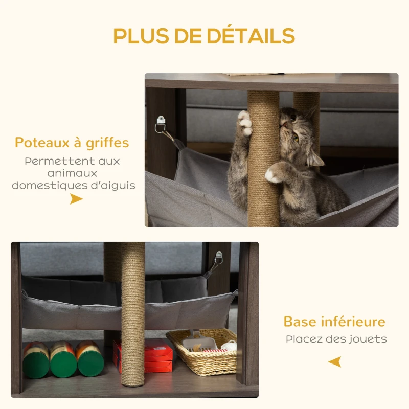PawHut Table d'appoint pour chat maison chat meuble chat table d'appoint centre d'activités avec hamac et griffoirs - 79 x 59 x 45,5 cm gris