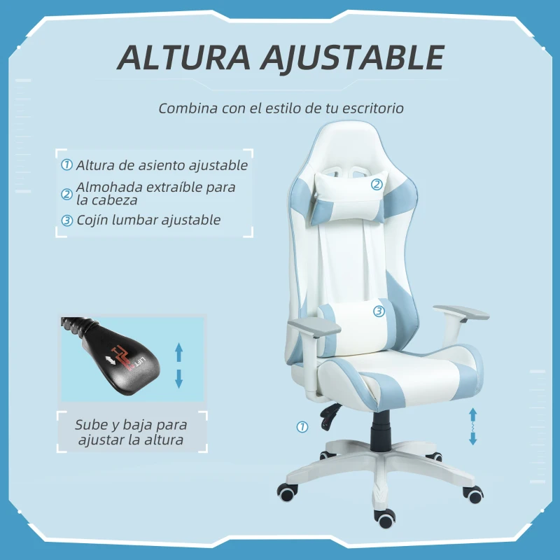 HOMCOM Silla Gamer con Cojín Lumbar Reposabrazos Ajustable Reposacabezas Extraíble y Altura Ajustable 67x60x120-128 cm Azul