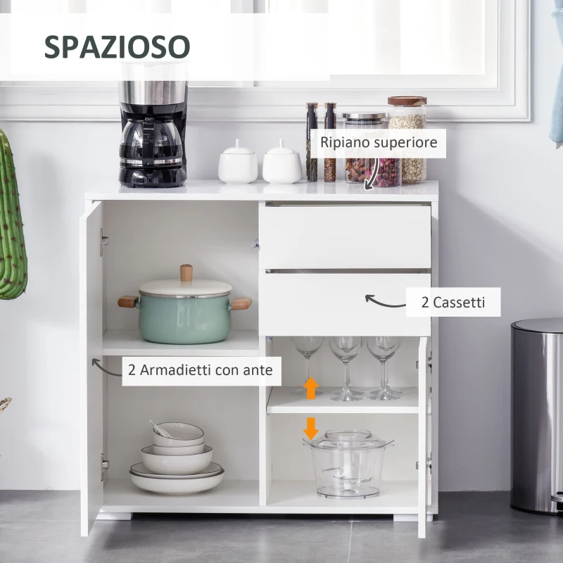 HOMCOM Credenza Moderna con 2 Armadietti e 2 Cassetti con Apertura a Pressione, 79x36x74cm, Bianco Lucido