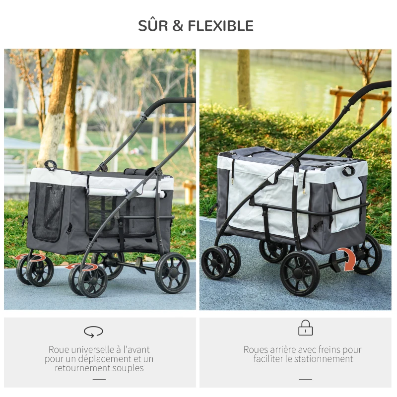 PawHut Poussette pliable animaux chien chat nacelle amovible bandoulières 4 roues 81 x 58 x 97,5 cm gris