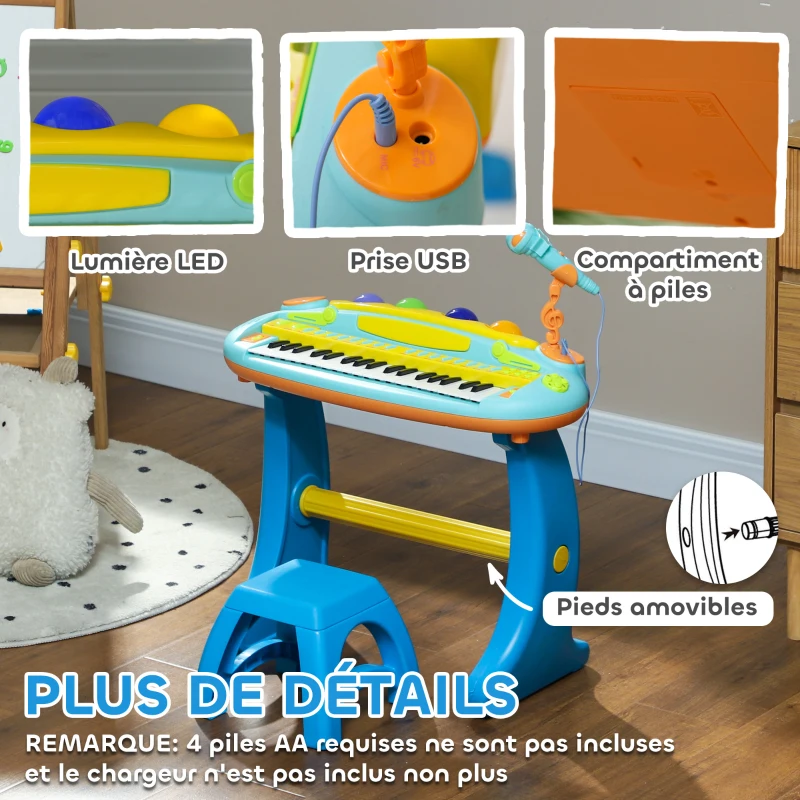 AIYAPLAY Piano enfant électronique 37 touches, avec micro, tabouret, lumière LED, fonction d'enregistrement et de relecture