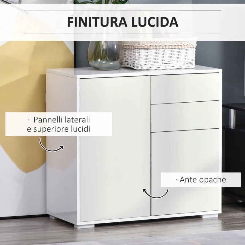 HOMCOM Mobiletto 2 Cassetti e 2 Ante, Apertura a Pressione, Mobile con 2 Cassetti e 2 Ante per Casa e Ufficio, 79x36x74cm, Bianco Opaco