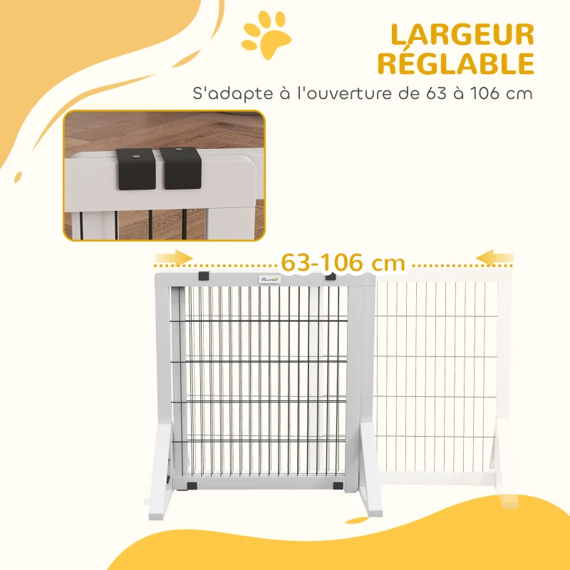 PawHut Barrière de sécurité pour chien barrière de protection à 2 panneaux largeur réglable 63-106 cm en bois acier blanc