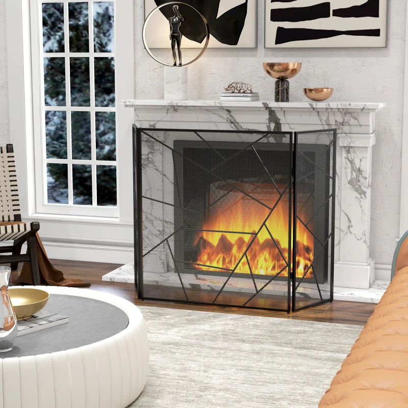HOMCOM Pare feu cheminée pliable 3 panneaux en acier avec décor géométrique et pieds antidérapants, 135l x 1,2P x 85H cm, noir