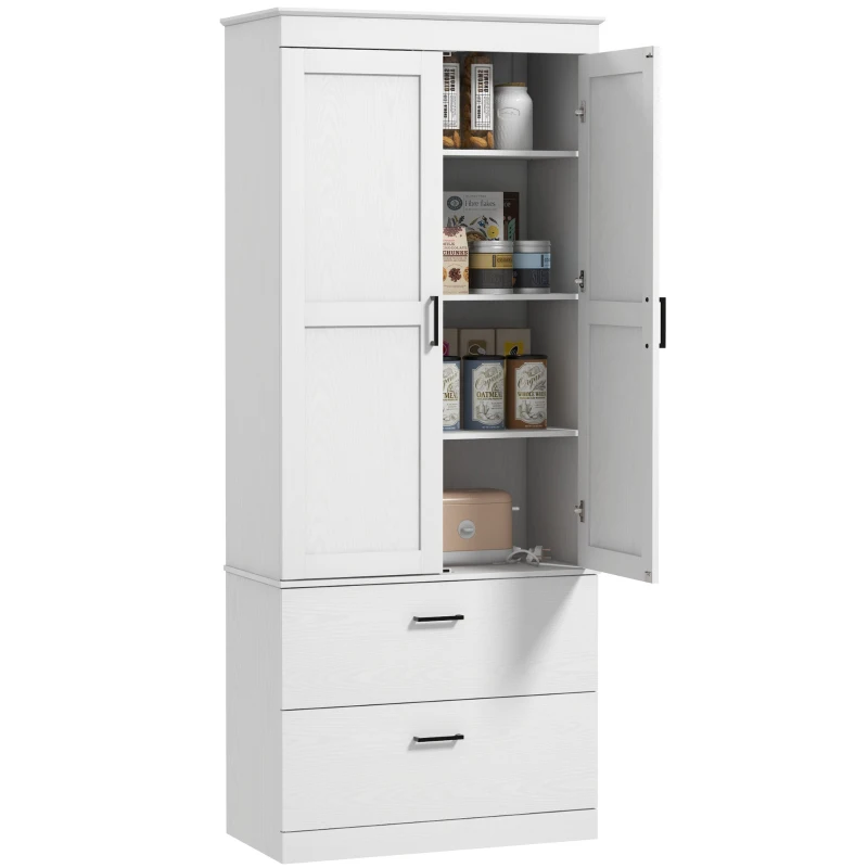 HOMCOM Armoire de cuisine indépendante avec étagères ajustables et deux larges tiroirs pour salon, cuisine, Blanc(m-6)