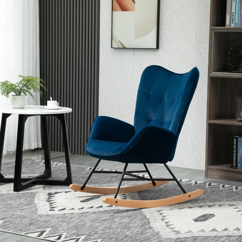 HOMCOM Rocking Chair with Ear Wings Rocking Chair High Comfort Armrests Deep Seat Foam padding Velvet-Look Blue