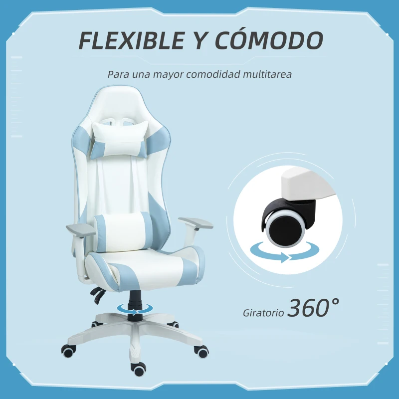 HOMCOM Silla Gamer con Cojín Lumbar Reposabrazos Ajustable Reposacabezas Extraíble y Altura Ajustable 67x60x120-128 cm Azul