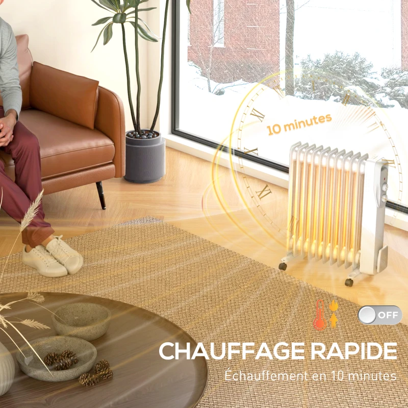 HOMCOM Radiateur bain d'huile 2500W, chauffage électrique silencieux, 3 niveaux de chaleur réglable, roulette, blanc