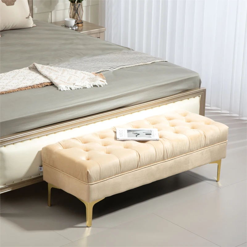 HOMCOM Bank Bankett-Kapitän am Bett klassisch-chic Maße 118L x 45B x 42H cm goldenes Metallgestell Samt Beige