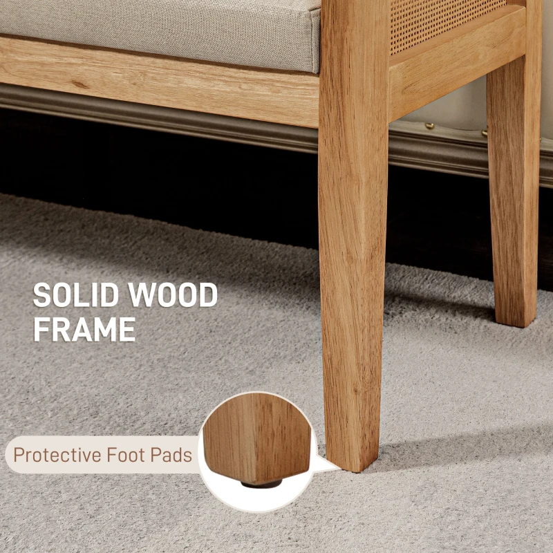 HOMCOM Linen-Look End of Bed Bench with Rattan Armrests and Solid Wood Frame 120 x 38 x 61.5 cm Beige