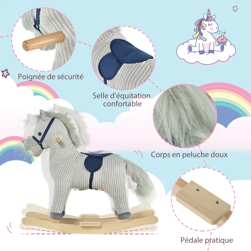 HOMCOM Cheval à bascule pour enfant, jouet à bascule en peluche, à effets sonores, avec poignées, pédale, gris et blanc