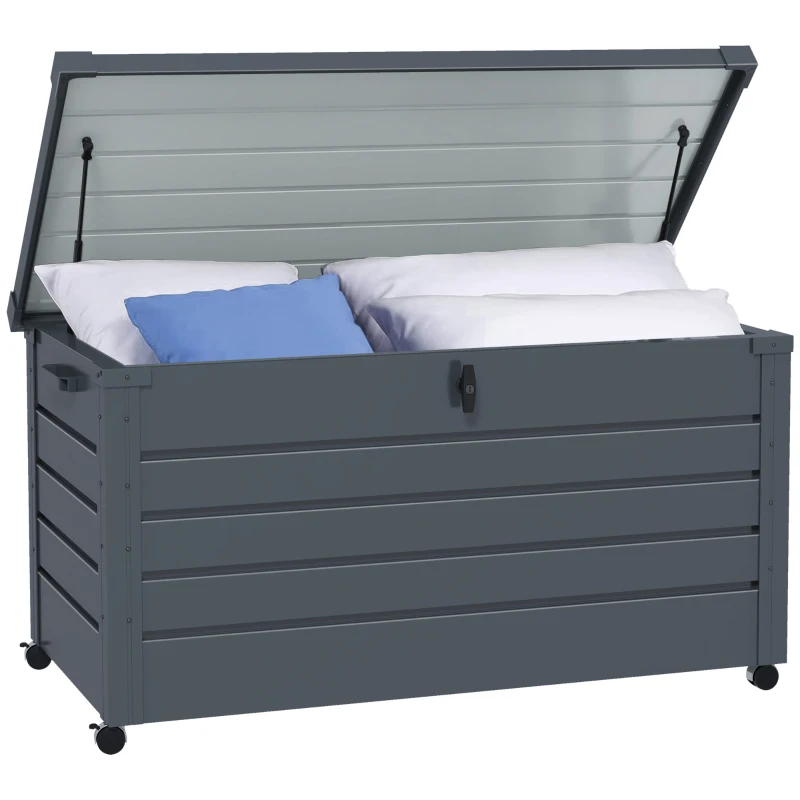 Outsunny Coffre de rangement extérieur 311L, avec vérin à gaz, roulettes et poignée, en acier galvanisé, 120x62x66 cm, gris