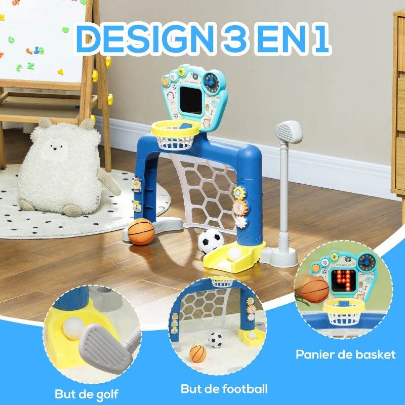 AIYAPLAY But de football pour enfants, centre multi-activités 3 en 1 avec panier de basket réglable tableau de score set de golf