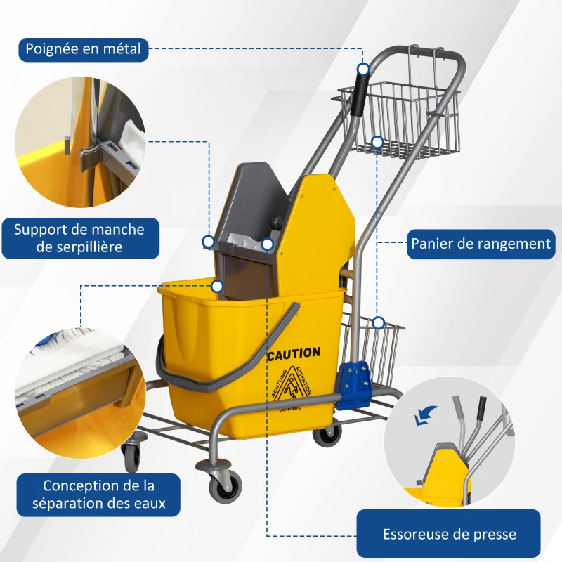 HOMCOM Chariot de lavage chariot de ménage professionnel presse à mâchoire seau 26 L + panier de rangements jaune