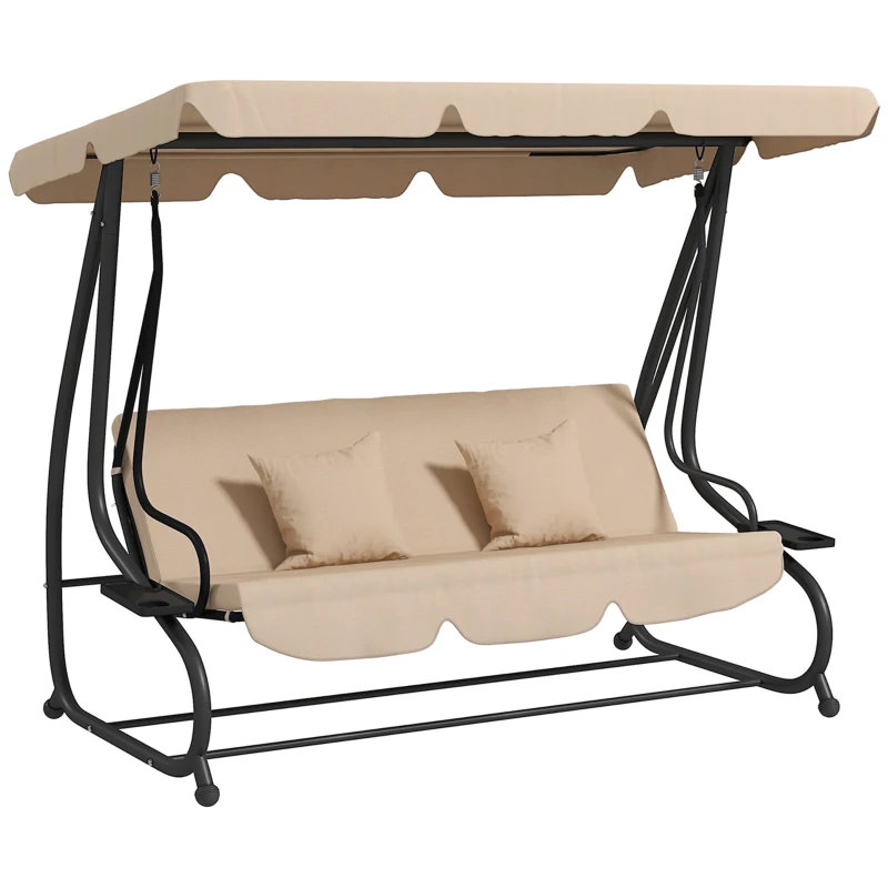 Outsunny Schaukelbank, 3-Sitzer Hollywoodschaukel, Gartenschaukel mit Getränkehaltern, Stahl, 200 x 120 x 164 cm, Braun(m-10)