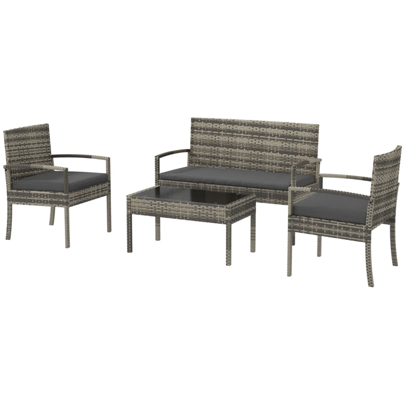 Outsunny Juego de 4 Piezas Muebles de Jardín con 2 Sillones 1 Sofá de 2 Plazas y 1 Mesa de Centro de Tablero de Vidrio Gris