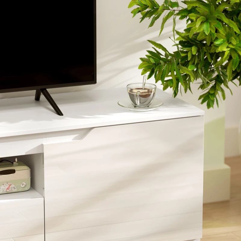 HOMCOM Meuble TV Lowboard, brillant, pour téléviseurs jusqu'à 65'', 3 compartiments, tiroir, 160 x 38 x 43 cm, Blanc